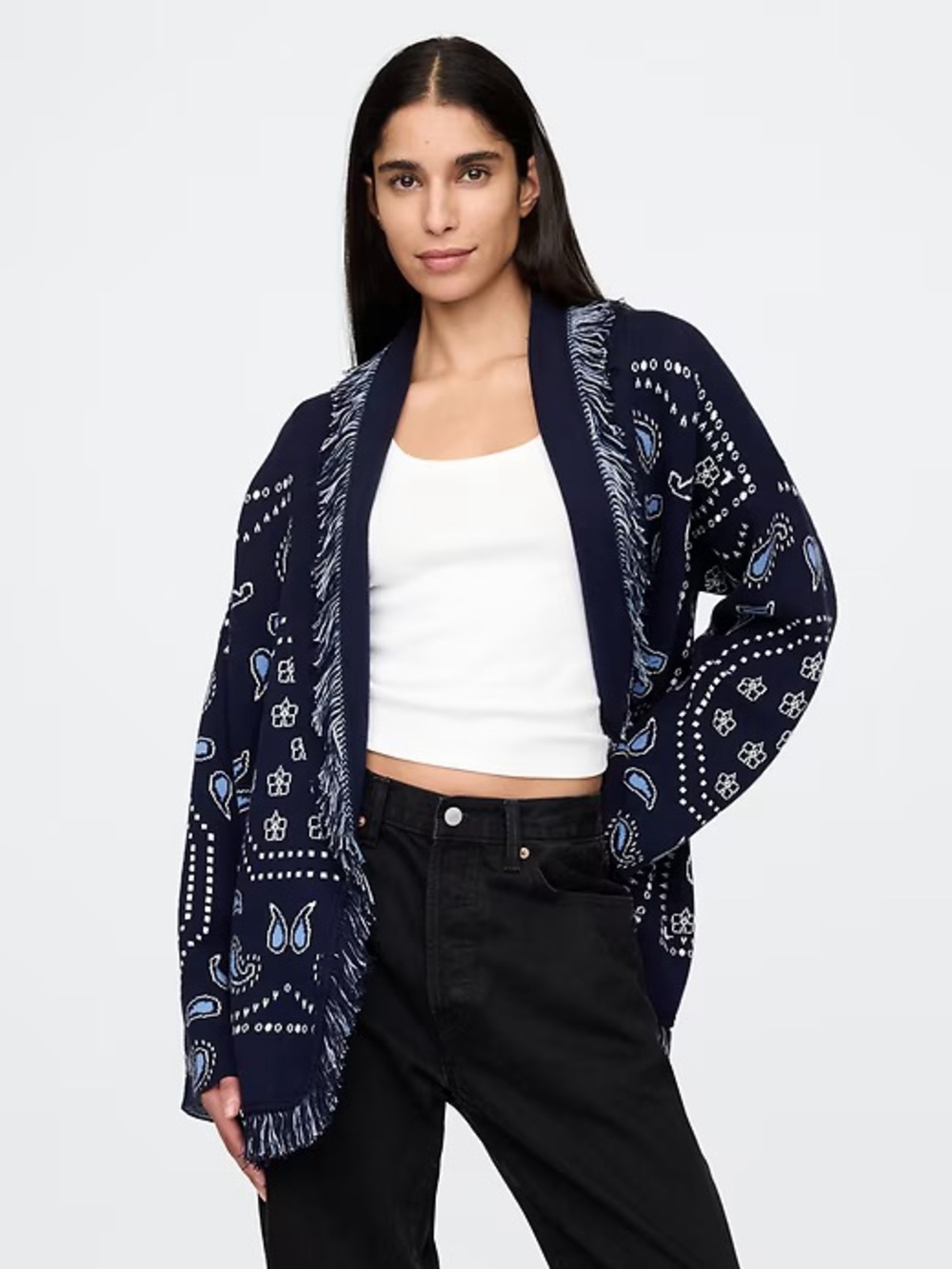 GAP Navy Bandana-Print Open Fringe Cardigan Size XS / S